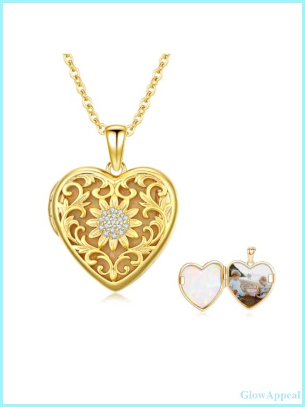 Sunflower Photo Locket Necklace Yellow Gold Opal CZ Women Keepsake Jewelry Gift